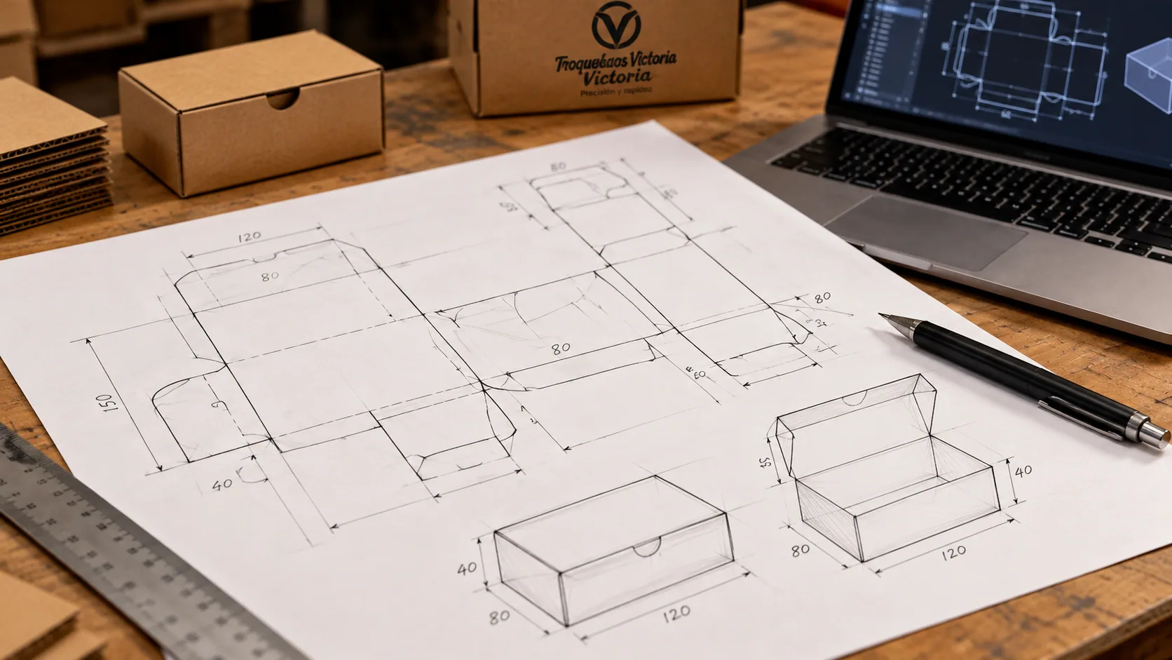 Confección de moldes: Plano de una caja de cartón sobre una mesa de trabajo, junto a un computador con el diseño