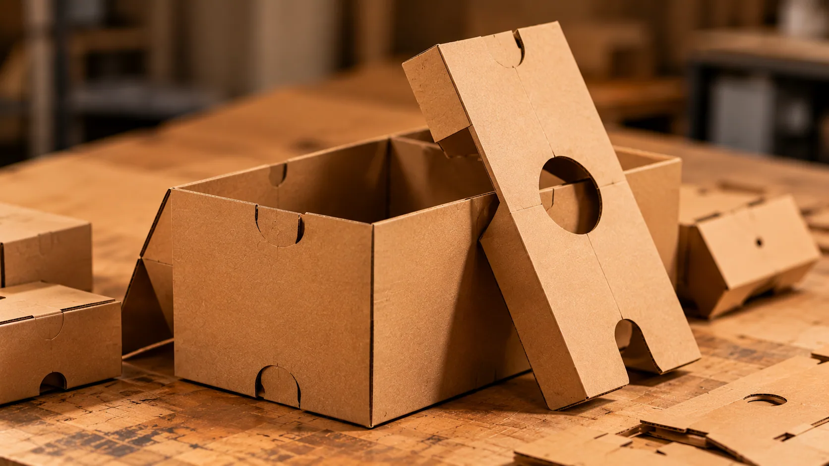 Troquelado: Caja de cartón troquelada con su pieza de cierre sobre una mesa de taller