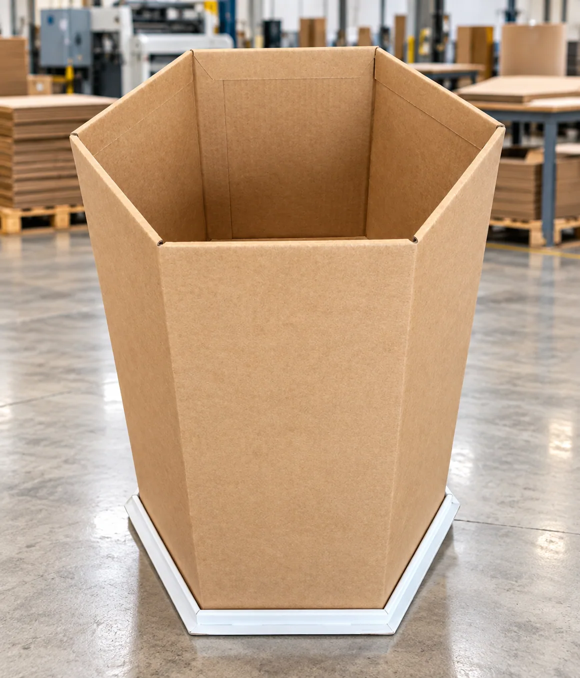Frente de caja y botaderos: Botadero hexagonal de cartón kraft en una bodega industrial