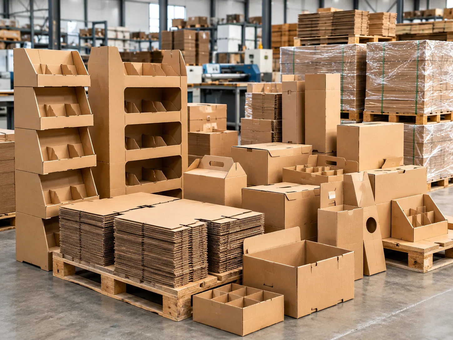Entregamos tu producción: Exhibidores y cajas de cartón terminados sobre pallets, listos para entrega